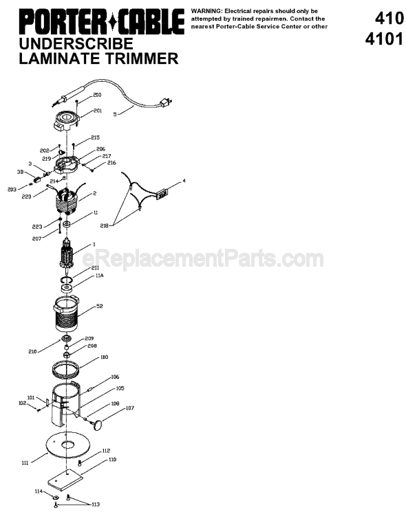 Page A Diagram and Parts List for 4101  Porter Cable Laminate Trimmer